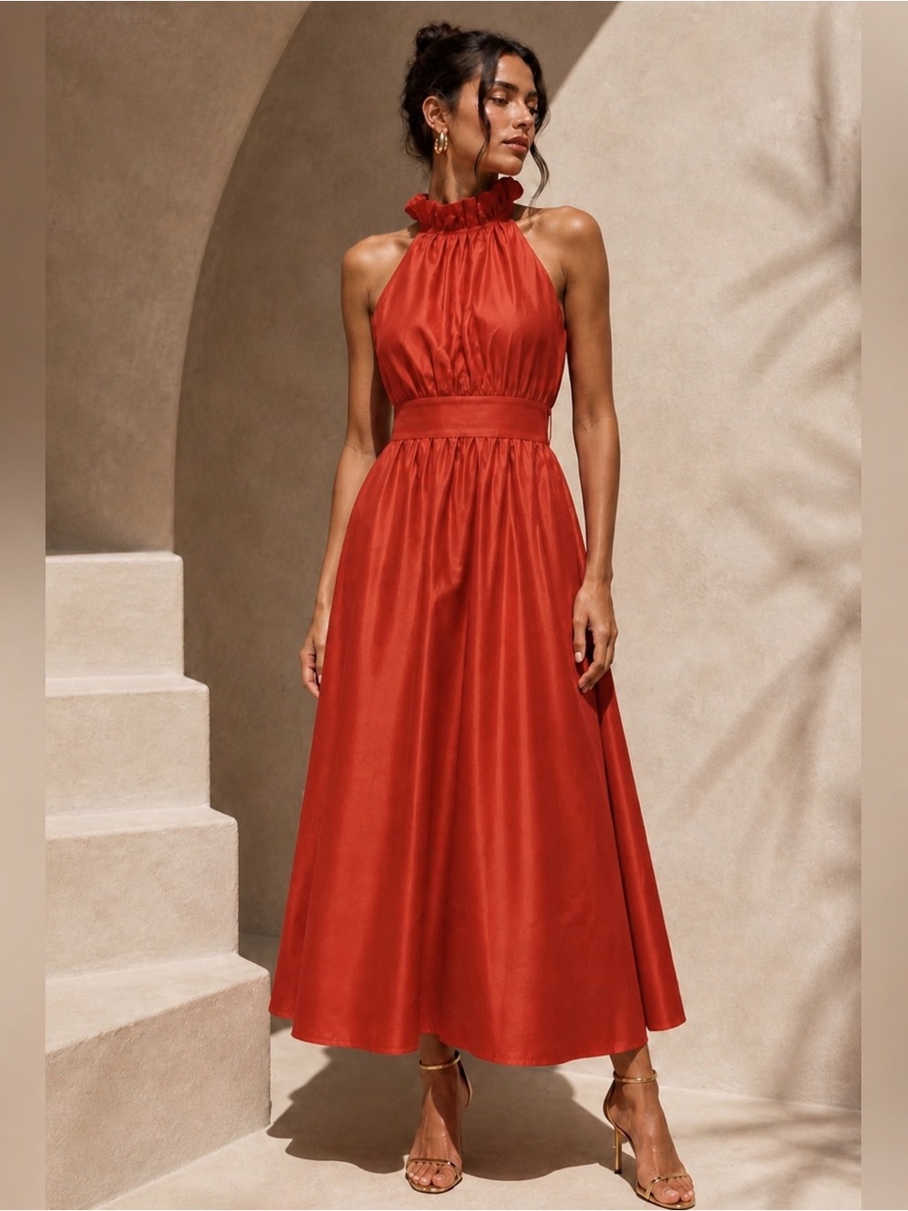 Banana Republic Red Halter Midi Dress Petite 0 NWT Satin Fit & Flare Ruffle Neck